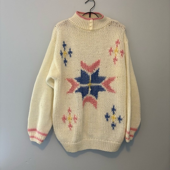 Vintage 80s Nordic Star Sweater M/L Oversized Cream Pink Blue | Made in Korea - Picture 1 of 6
